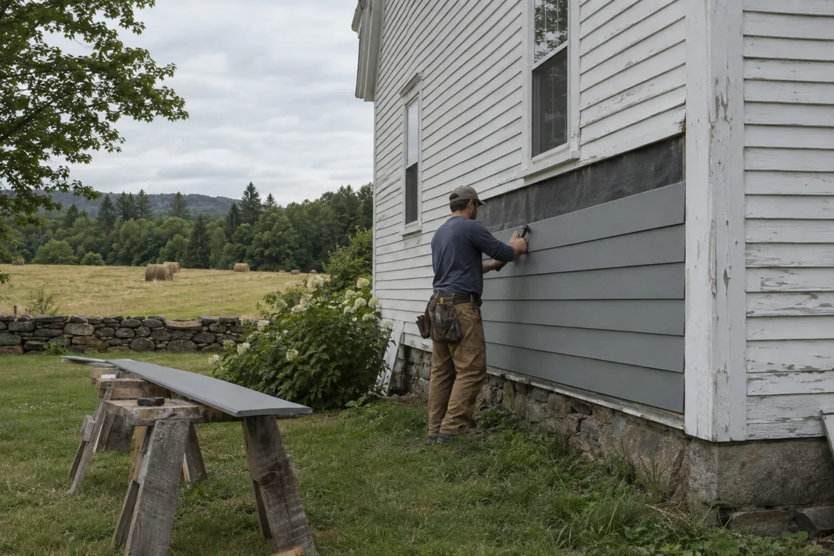 Installer nailing new gray fiber-cement lap siding onto the side wall of an old white farmhouse on a rural road in Holden Maine. Camera stands on the lawn at the corner of the house; the worker, seen from the side, holds a board against the wall while a second board waits on sawhorses; a hayfield, a stone wall and a treeline behind. No roof work, no water