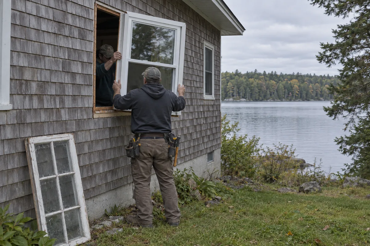 Two installers setting a new white double-hung replacement window into a first-floor opening on a cedar-shingled pond camp in Holden Maine. Camera outside on the grass looking at the wall; one worker steadies the unit from outside while the other reaches from inside; the old sash leans against the shingles below; past the corner of the house, still gray pond water and a wooded shore — no bridge, no dock