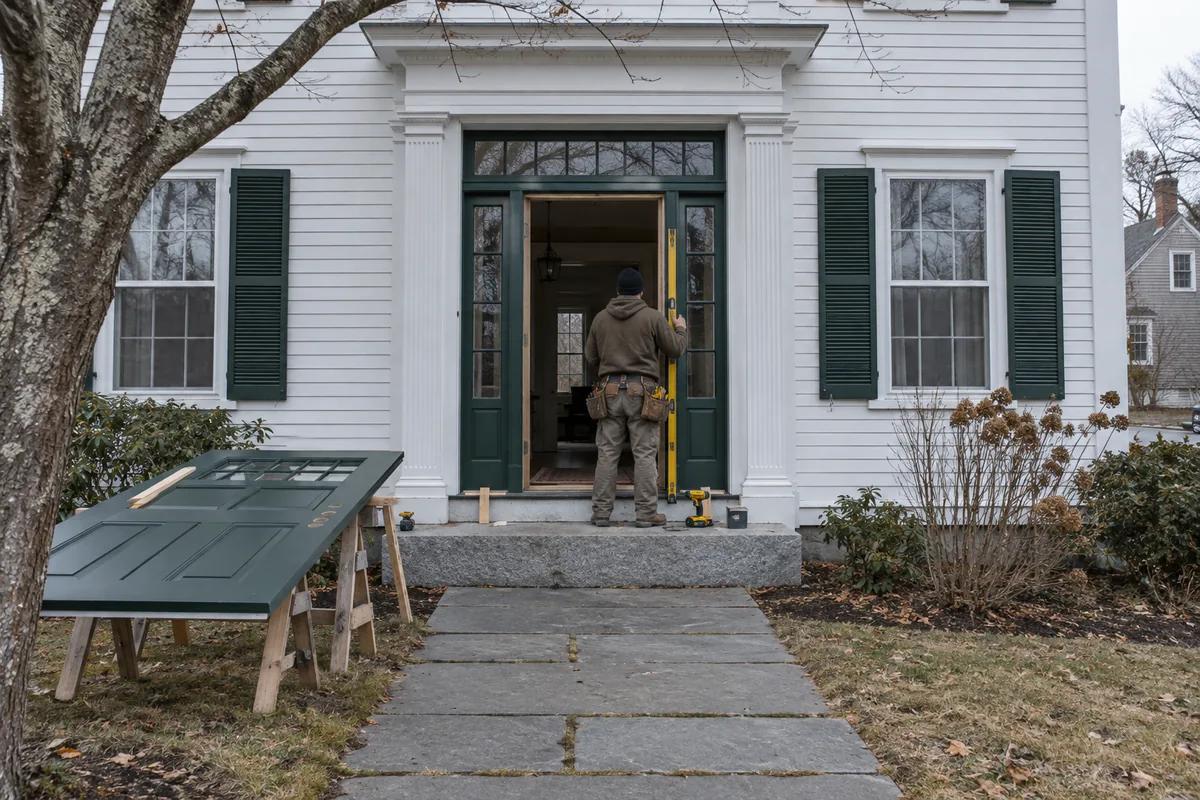 Tall Greek Revival entry door in deep green with sidelights and transom on a Winterport Maine village home, granite step and pilasters