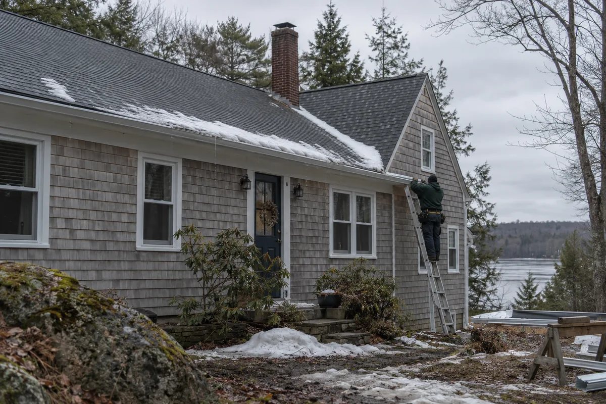 Installer hanging a seamless gutter run on a 1970s cape on a wooded back road in Winterport Maine, snowmelt dripping in early spring