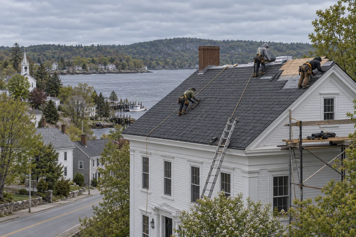 Roofing crew installing charcoal architectural shingles on a steep-pitched Greek Revival home on Main Street in Winterport Maine, the Penobscot River visible past the ridge