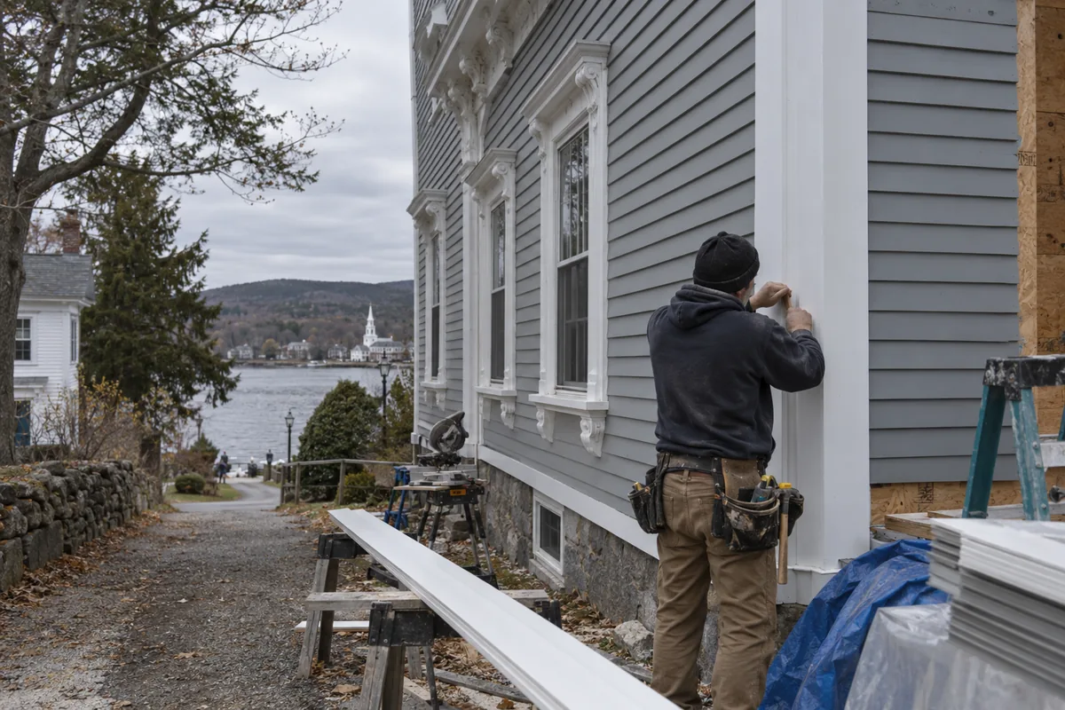 Installer fitting new gray clapboard siding and wide white corner boards on an 1850s Italianate house in Winterport's historic village, a shaded side street behind