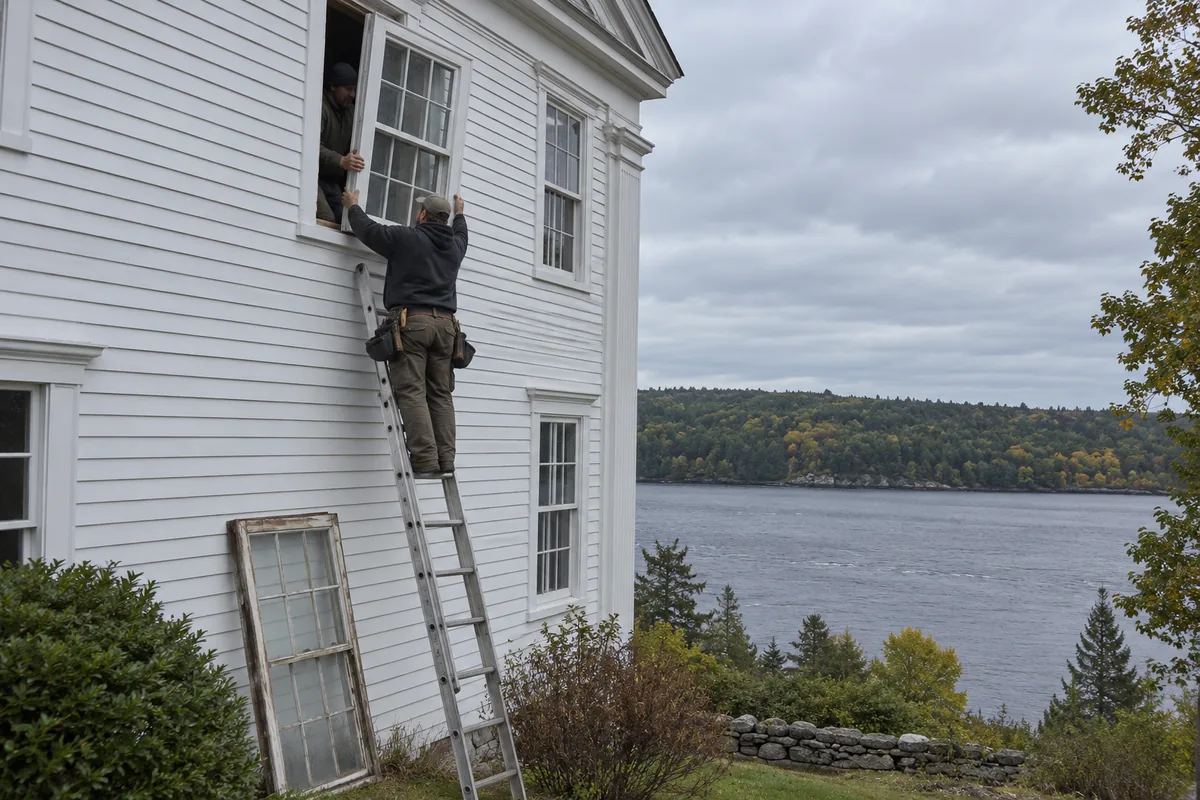 New six-over-six replacement windows in a white Greek Revival home in Winterport Maine, the parlor looking out over the Penobscot River